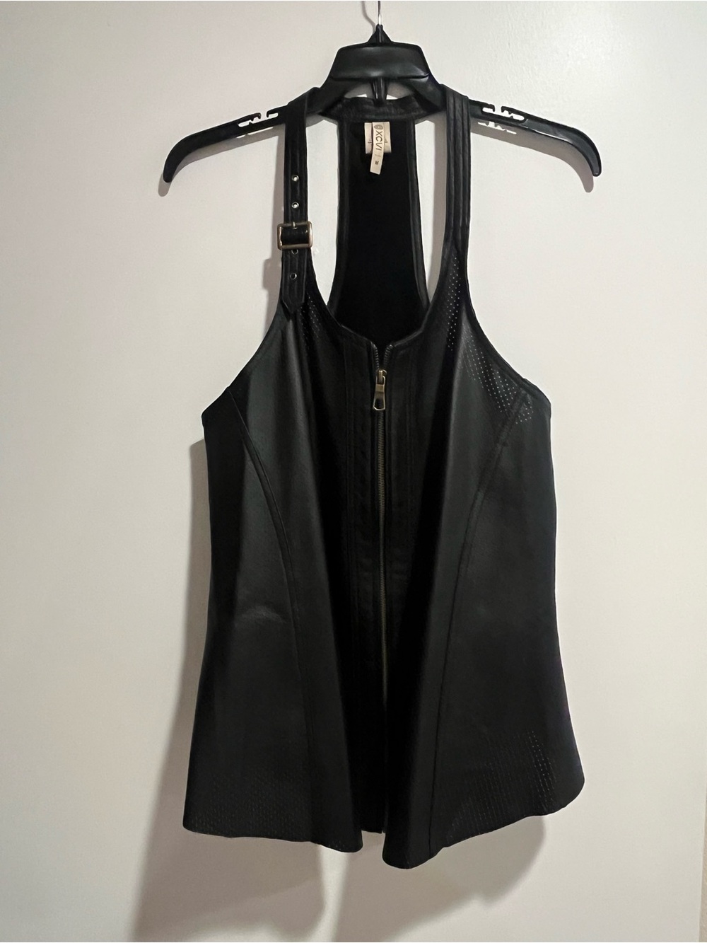 XCVI Black Perforated Leather Moto Vest Racerback Peplum M